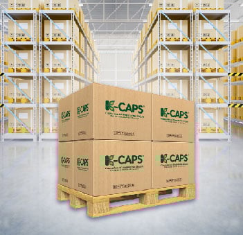 Boxes filled with gelatin and HPMC capsules. Gelatin capsules contain more moisture than HPMC capsules.